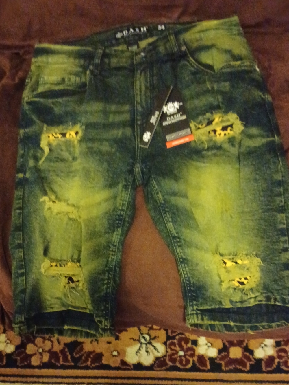 Men's Distressed Yellow-Green Denim Shorts